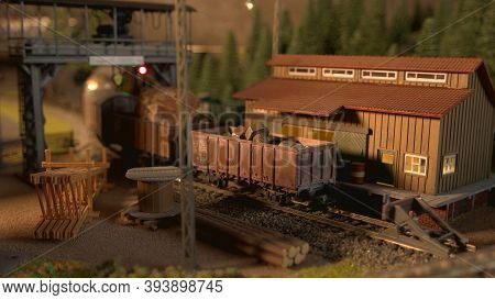 Miniature Retro Cargo Train. Replica Of Railway Model.