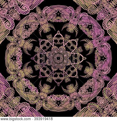 Textured Baroque Vector Seamless Pattern. Colorful Floral Grunge Background. Tapestry Wallpaper. Lac