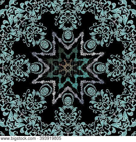 Embroidery Floral Vector Seamless Pattern. Textured Grunge Mandalas Background. Tapestry Wallpaper. 