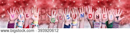 Children Hands Gesundheit Means Health, Red Christmas Background