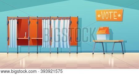 Polling Station Empty Interior, Separated Voting Booths With Close And Open Curtains And Pen On Desk