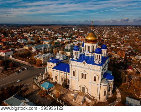 Aerial View From Drone Of Ascension Cathedral In Autumn Yelets, Lipetsk Region, Russia