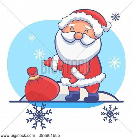 Santa Claus With Gift Bag On White Isolated Backdrop. Christmas Postcard For Invitation Or Gift Card