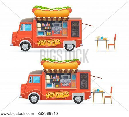 Hot Dog Food Truck Isolated Vector Catering Van With Chalkboard Menu And Equipment For Cooking Hotdo