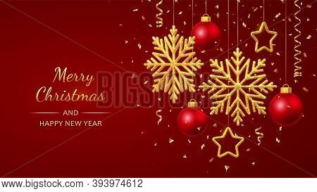 Christmas Red Background With Hanging Shining Golden Snowflakes, 3d Metallic Stars And Balls. Merry 
