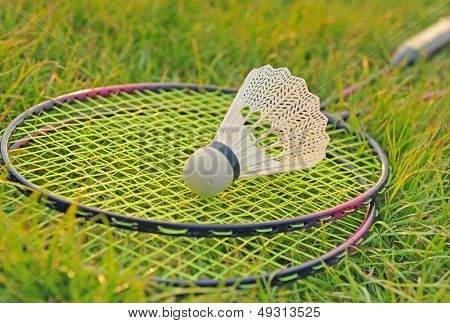 Badminton-Schläger auf grünem Gras