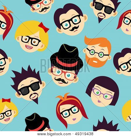Colorate d'epoca Hipsters facce Seamless Pattern.