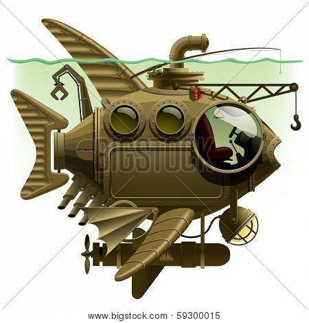 complex fantastic submarine in the form of fish with machinery, equipment and armament 