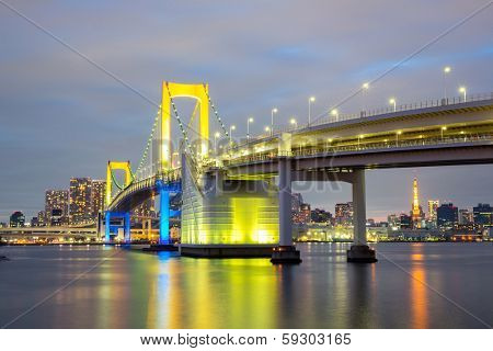 Rainbow bridge from Odaiba Tokyo at dusk in Japan