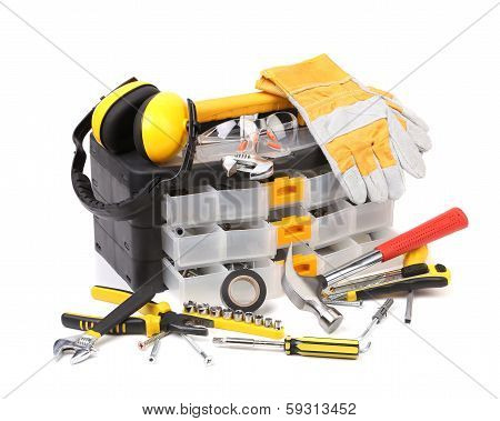 Plastic workbox with assorted tools.