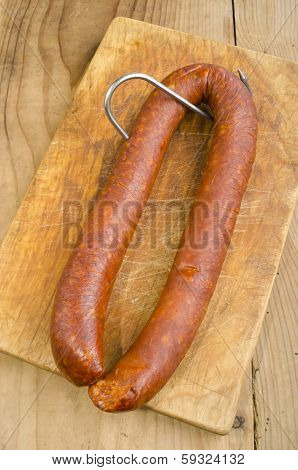 Home Made Hungarian Kolbasz On Wooden Board
