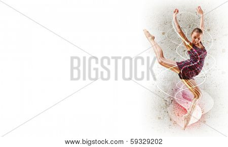 Girl dancing in a color dress with a gray background. Collage