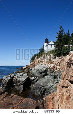 BASS HARBOR-AUGUST 07: Bass Harbor Lighthouse overlooking Atlantic Ocean in Maine, USA on August 07, 2010.