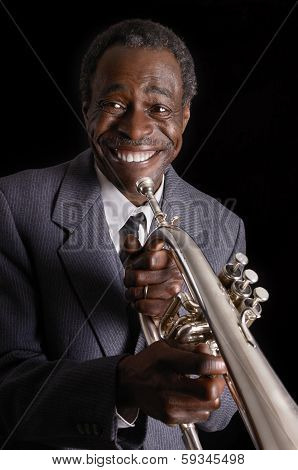 Afroamerican Jazz Musician With Flugelhorn Smiling
