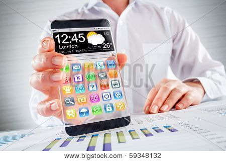 Smartphone (phablet) with a transparent display in human hands. Concept actual future innovative ideas and best technologies humanity.