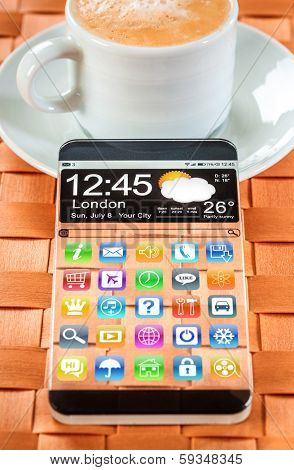 Smartphone (phablet) with a transparent display. Concept actual future innovative ideas and best technologies humanity.