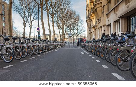 PARIS, FRANCE - JANUARY 6, 2012: Velib bicycles in the row. Velib is a large-scale public bicycle sharing system in Paris, France.
