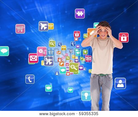 Embarressed brunette man against abstract blue squares