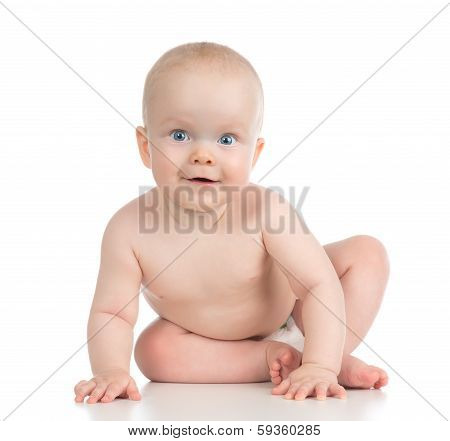 Infant Child Baby Girl Blue Eyes In Diaper Sitting Happy Smiling