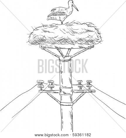 vector - White stork sitting on the nest on the mast