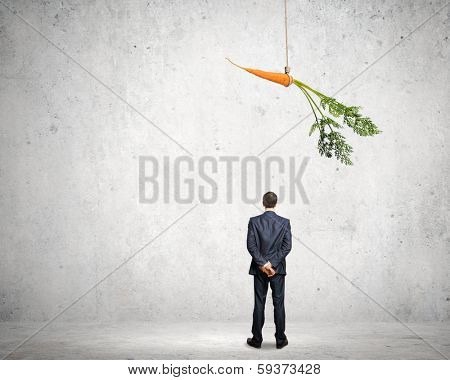 Funny image of businessman chased with carrot