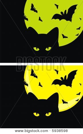 Kat, fladdermöss och månen. Halloween,