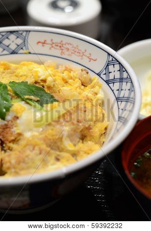 Close Up Of Katsudon Pork Cutlet With Fried Egg On Rice