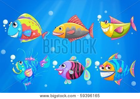 Illustration of a group of colorful smiling fishes