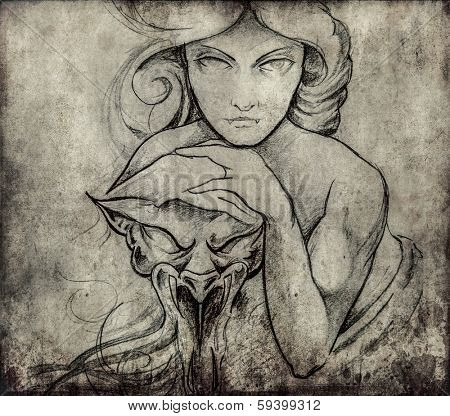 Tattoo art, sketch of mistic woman