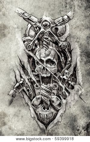 Tattoo art, sketch of a machine gears and skull