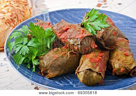 Dolma, stuffed grape leaves, turkish and greek cuisine