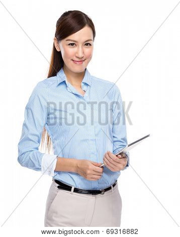 Asian businesswoman hold tablet on white background