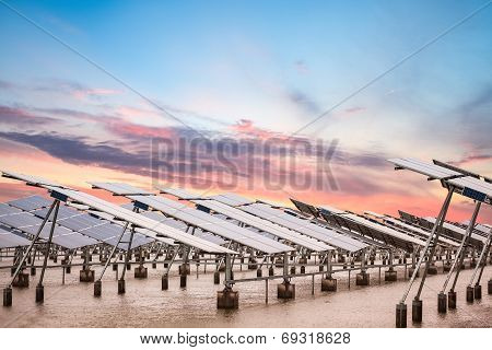 Solar Power Farm At Dusk