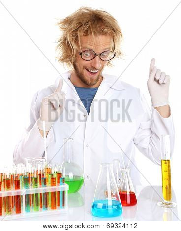 Crazy scientist working with tubes isolated on white