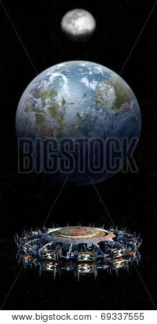 Alien mothership UFO nearing Earth with copy space background