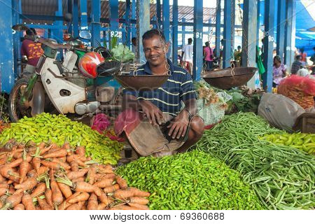 HIKKADUWA, SRI LANKA - FEBRUARY 23, 2014: Portrait of vendor selling his produce. The Sunday market is great way to see Hikkaduwa's local life come alive along with fresh produce and local delicacy