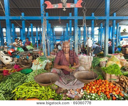 HIKKADUWA, SRI LANKA - FEBRUARY 23, 2014: Portrait of market vendor selling produce. The Sunday market is great way to see Hikkaduwa's local life come alive along with fresh produce and local delicacy