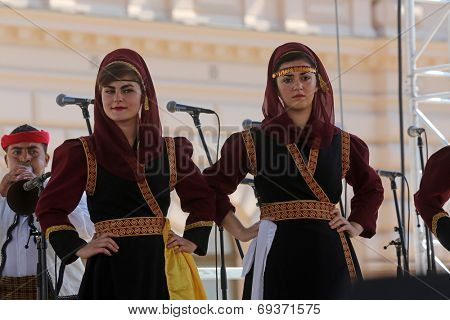 Members of folk group Albanian Culture Society Jahi Hasani from Cegrane, Macedonia during the 48th International Folklore Festival in center of Zagreb,Croatia on July 20,2014
