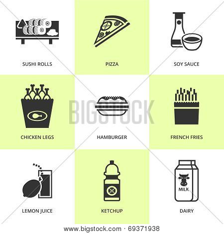 Set of black grocery and food icons.