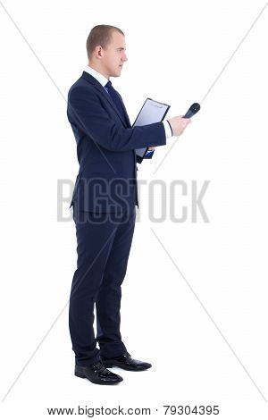 Male Reporter With Microphone And Clipboard Isolated On White