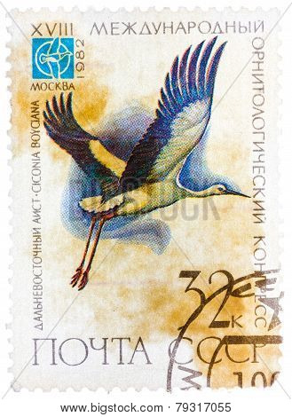 Stamp printed in USSR Russia shows a bird Ciconia boyciana wit