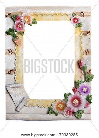 Plaster Frame For Photo With Flowers Isolated On A White Backgro