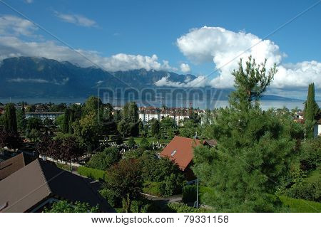 Mountains, Lake And Buildings In La Tour-de-peilz In Switzerland