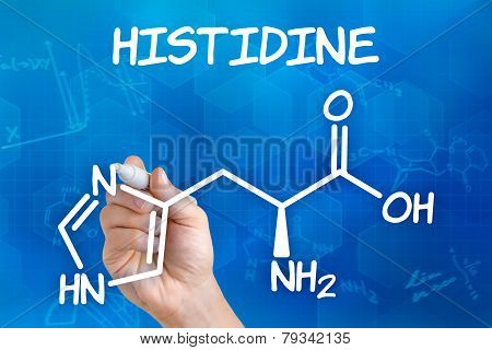 Hand with pen drawing the chemical formula of histidine
