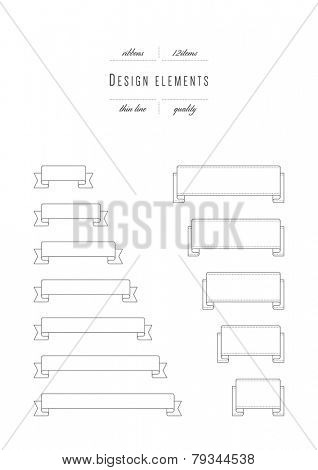 Vector set - design elements. Ribbons. Thin line (variable line width)