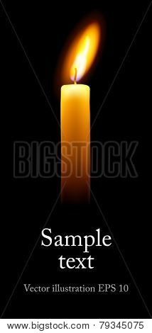 Single candle with space for text on a black background. (Realistic vector illustration).