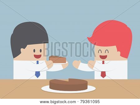 Businessman Give A Piece Of Cake To Another, Market Share Concept