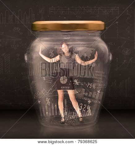 Businesswoman traped in jar with graph chart symbols concept on background