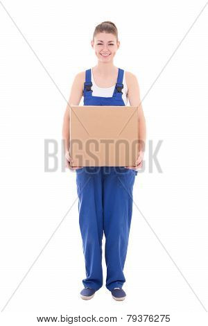 Young Attractive Woman In Blue Coveralls With Cardboard Box Isolated On White