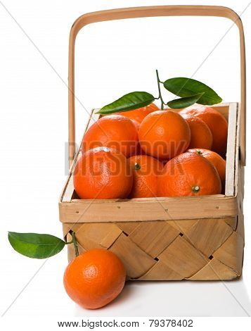 Crate Of Ripe Tangerines With Leaves